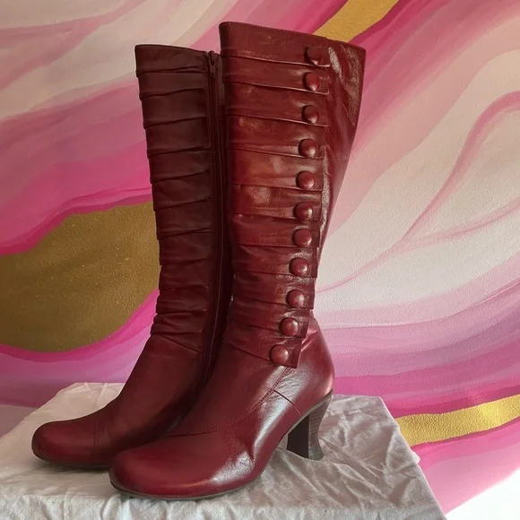 Miz Mooz Deep Red Button Detail Heeled Boots - Picture 9 of 16
